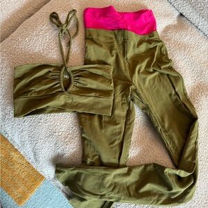 Olive Green and Pink Women's Legging Bra set